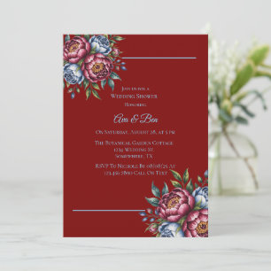 Burgundy Peony and Blue Rose Wedding Shower Invitation
