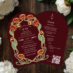 Burgundy Peony Art Nouveau Wedding QR Arch Invitation