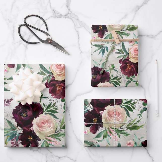Burgundy Peony Blush Pink Mondial Roses Wrapping Paper Sheet (Front)