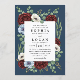 Burgundy Peony Dusty Blue Anemone Floral Wedding Invitation
