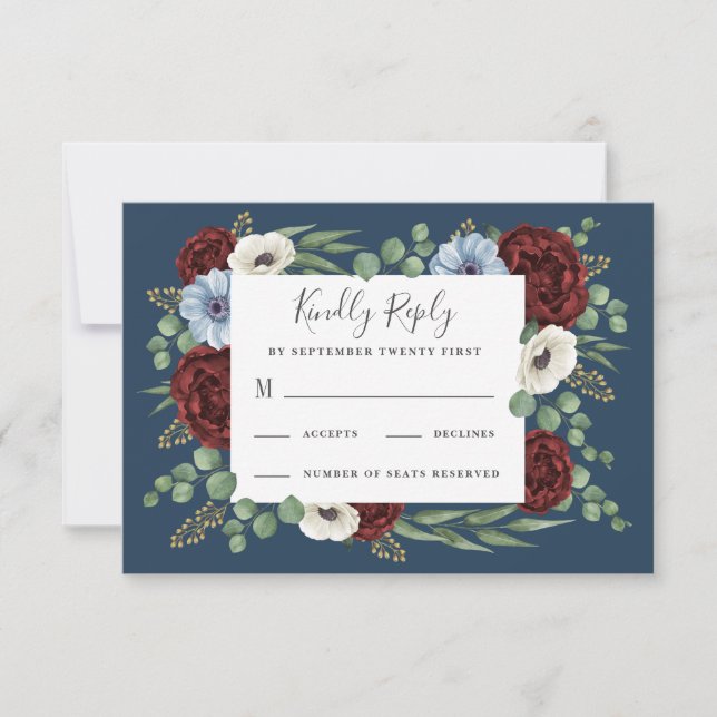 Burgundy Peony Dusty Blue Anemone Floral Wedding RSVP Card (Front)