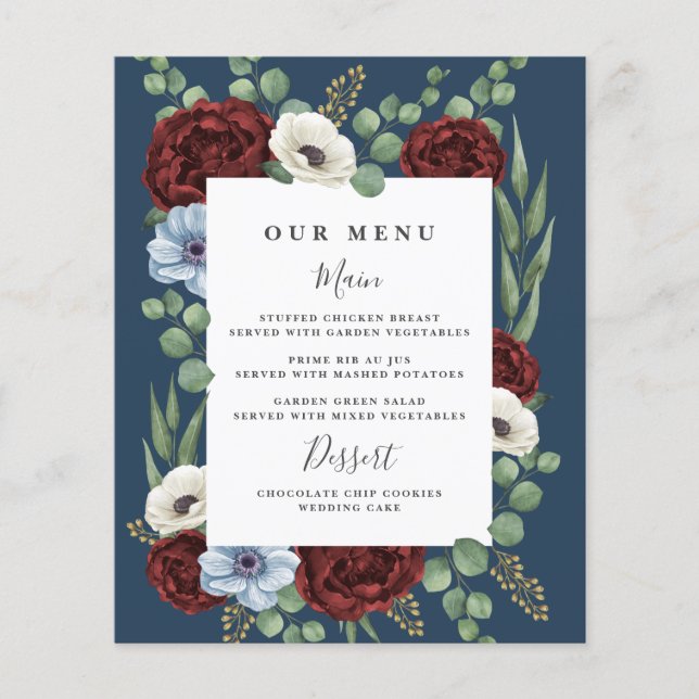 Burgundy Peony Dusty Blue Navy Wedding Menu Cards (Front)
