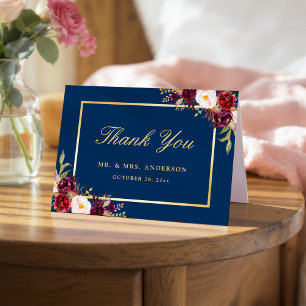 Burgundy Peony Floral Gold Navy Blue Thank You Card
