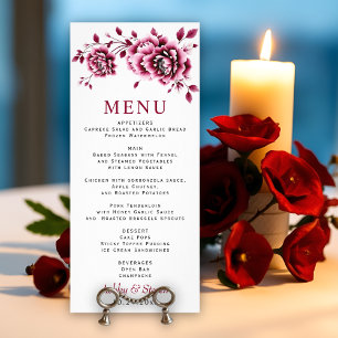 Burgundy peony flowers floral wedding menu card
