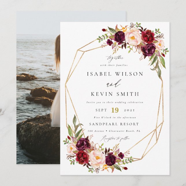 Burgundy Peony Flowers Geometric frame wedding Invitation (Front/Back)