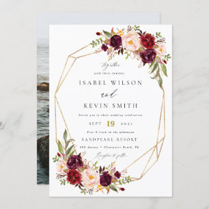 Burgundy Peony Flowers Geometric frame wedding Invitation