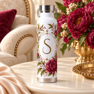 Burgundy Peony Gold Monogram Water Bottle