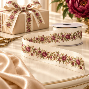 Burgundy Peony Ivory Botanical Floral Ribbon Satin Ribbon