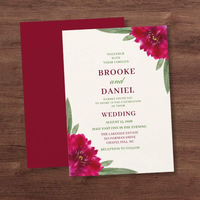Burgundy Peony Narrow Leaf Wedding Invitation (Creator Uploaded)