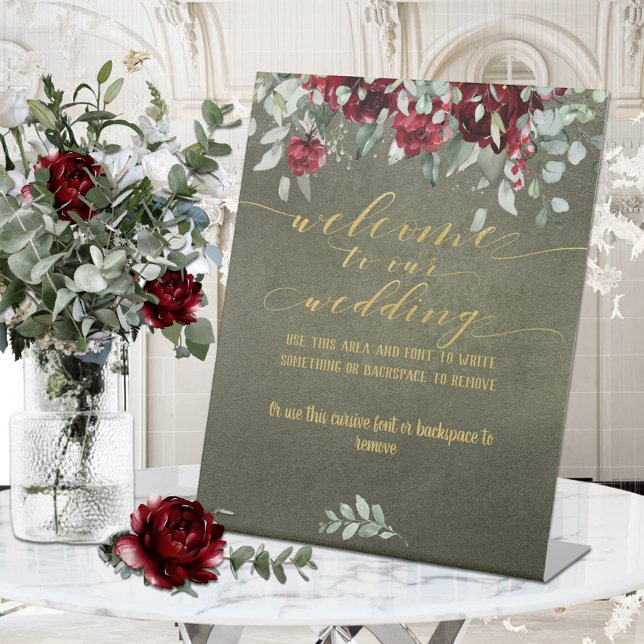 Burgundy Peony Sage Green Welcome To Our Wedding Pedestal Sign (Creator Uploaded)