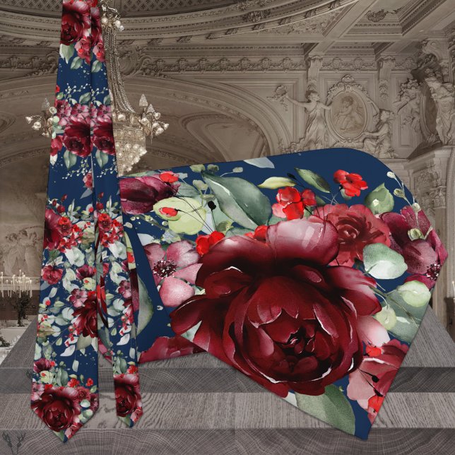 Burgundy Peony Silver Greenery Navy Blue Wedding  Tie (Creator Uploaded)