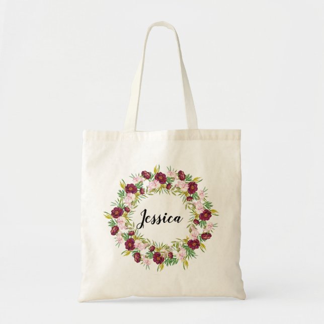 Burgundy Peony Wreath Personalised Bridesmaid Tote Bag (Front)