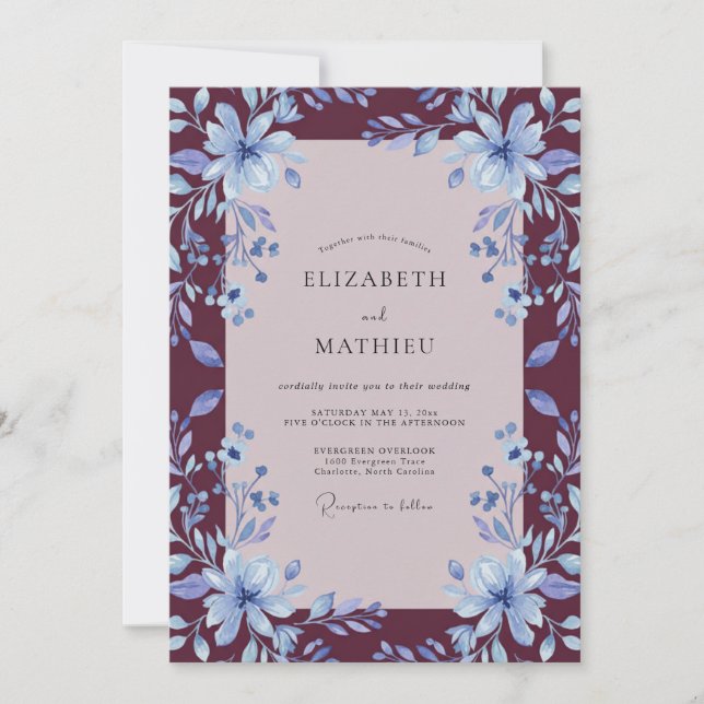 Burgundy Periwinkle Lily Wedding Invitation (Front)