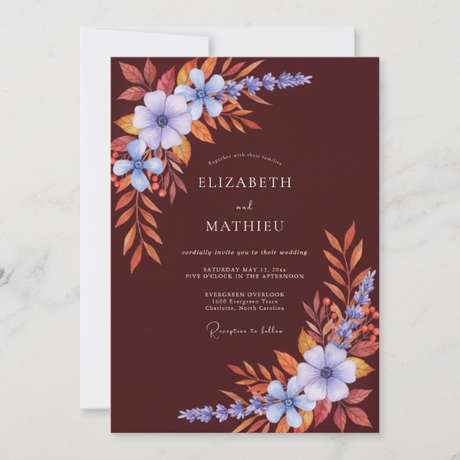 Burgundy Periwinkle Wildflower Wedding Invitation (Front)