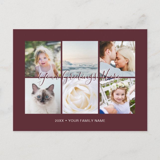 Burgundy Personalised 6 photos Universal Greetings Postcard (Front)