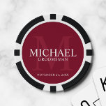 Burgundy Personalised Groomsmen's name&monogram Poker Chips<br><div class="desc">Add a personal touch to your wedding with personalised groomsmen poker chips. This design features personalised groomsman's name with title and wedding date in white and monogram in light burgundy red as background, in classic serif font style, on burgundy red background. Also perfect for best man, father of the bride...</div>