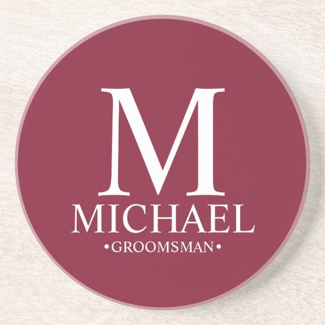 Burgundy Personalised Monogram and Name Groomsman Coaster (Front)