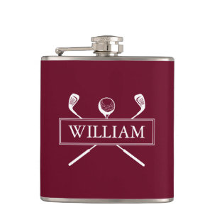 Burgundy Personalised Name Clubs And Ball Hip Flask