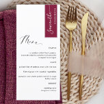 Burgundy Personalised with Guest Name Elegant Menu<br><div class="desc">Why spend in place cards and menu cards when you can have an elegant All-in-one elegant Menu personalised with each guest name! Contemporary, simple and elegant design with beautiful modern hand written calligraphy. Stripe on the top right corner in burgundy with guest name in white. Back in same burgundy as...</div>