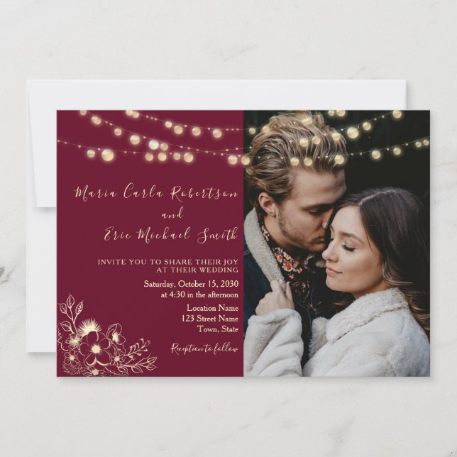 Burgundy Photo All-in-One Wedding Invite (Front)