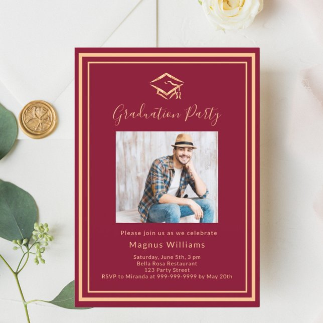 Burgundy photo cap Graduation Party Invitation (Creator Uploaded)