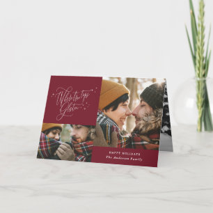 Burgundy photo collage elegant script Christmas Card