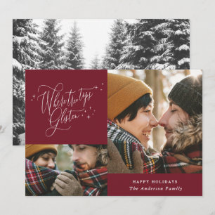 Burgundy photo collage elegant script Christmas Holiday Card