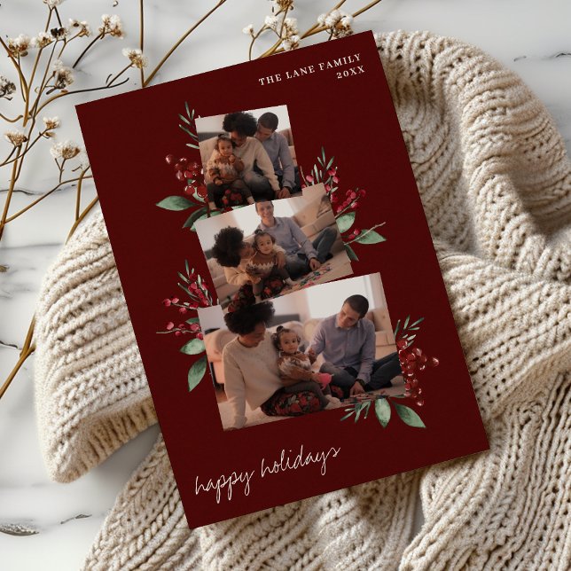 Burgundy Photo Collage with Berries and Greenery Holiday Card (Creator Uploaded)