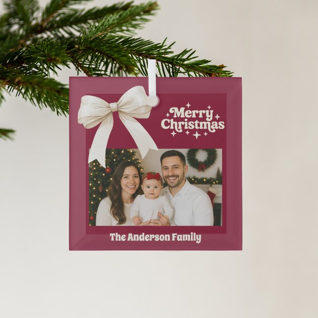 Burgundy photo cream bow Christmas Glass Tree Decoration (Creator Uploaded)