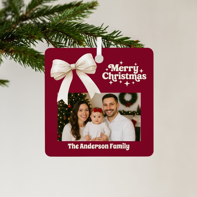 Burgundy photo cream bow Christmas Metal Tree Decoration (Creator Uploaded)