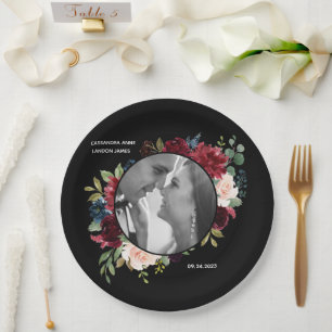 Burgundy Photo Floral Elegant Wedding Paper Plate