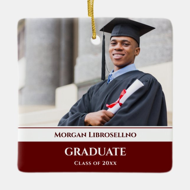 Burgundy Photo Graduation Ceramic Ornament (Front)