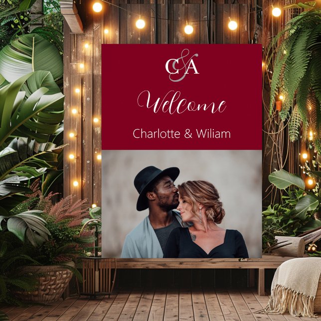 Burgundy photo monogram wedding welcome sign (Creator Uploaded)
