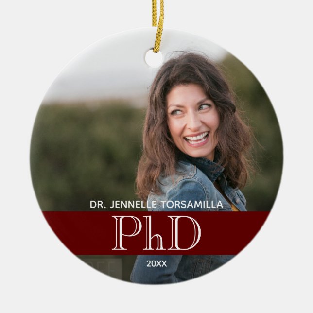 Burgundy Photo PhD Graduation Ceramic Tree Decoration (Front)