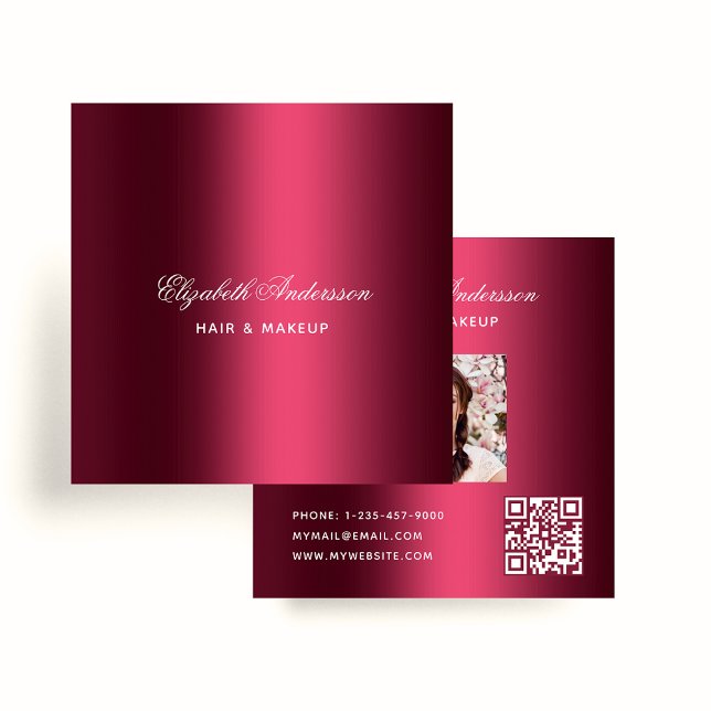 Burgundy photo qr code name elegant script square business card (Creator Uploaded)