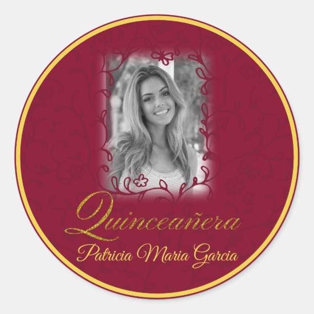 Burgundy photo quinceañera floral vines classic round sticker (Front)