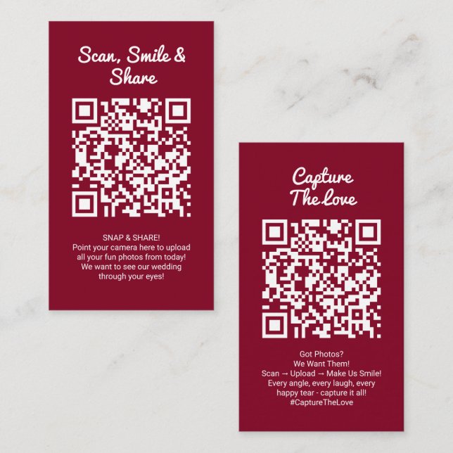 Burgundy Photo Sharing Capture Love QR Code  Business Card (Front/Back)