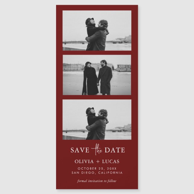 Burgundy Photo Strip Magnetic WeddingSave The Date (Front)