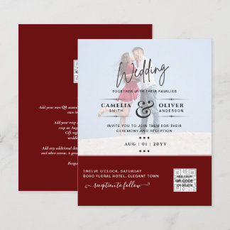 Burgundy Photo Wedding Invite QR Code Save Date