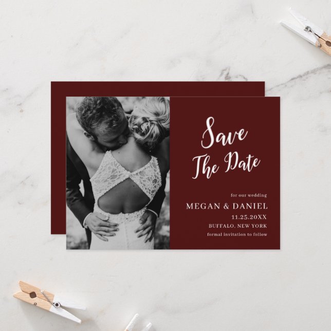 Burgundy Photo | Wedding Save the date Invitation (Front/Back In Situ)