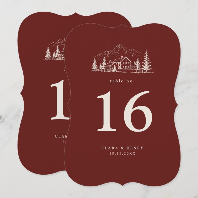 Burgundy Pine Die-Cut Wedding Table Number (Front/Back)