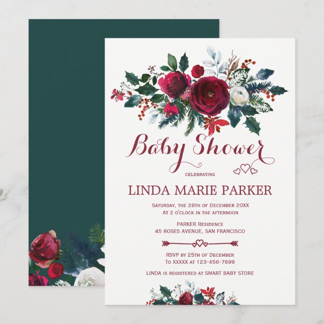 Burgundy pine green floral winter baby shower invitation (Front/Back)