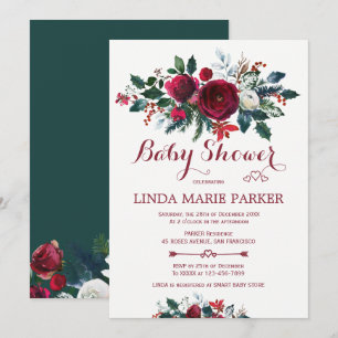 Burgundy pine green floral winter baby shower invitation
