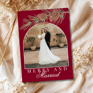 Burgundy Pine Merry & Married Photo Christmas Holiday Card
