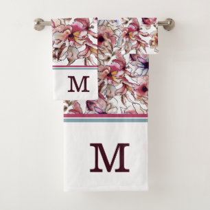 Burgundy Pink and Blue Floral Garland Watercolor Bath Towel Set