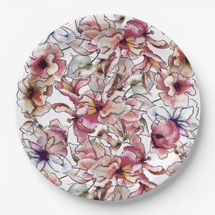 Burgundy Pink and Blue Floral Garland Watercolor Paper Plate