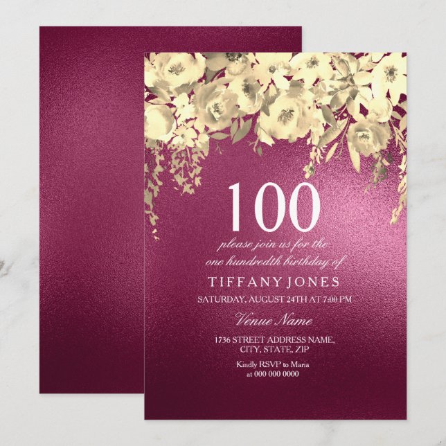 Burgundy Pink and Gold Floral 100th Birthday Party Invitation (Front/Back)