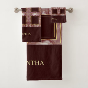 Burgundy Pink And Gold Repeat Squares Name Bath Towel Set