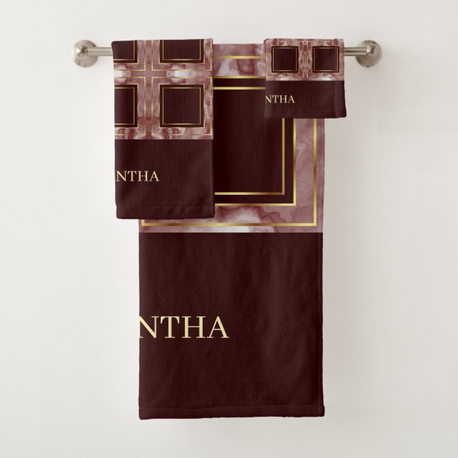 Burgundy Pink And Gold Repeat Squares Name Bath Towel Set (Insitu)