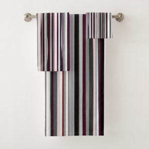 Burgundy, pink and Gray Abstract Stripes Bath Towel Set